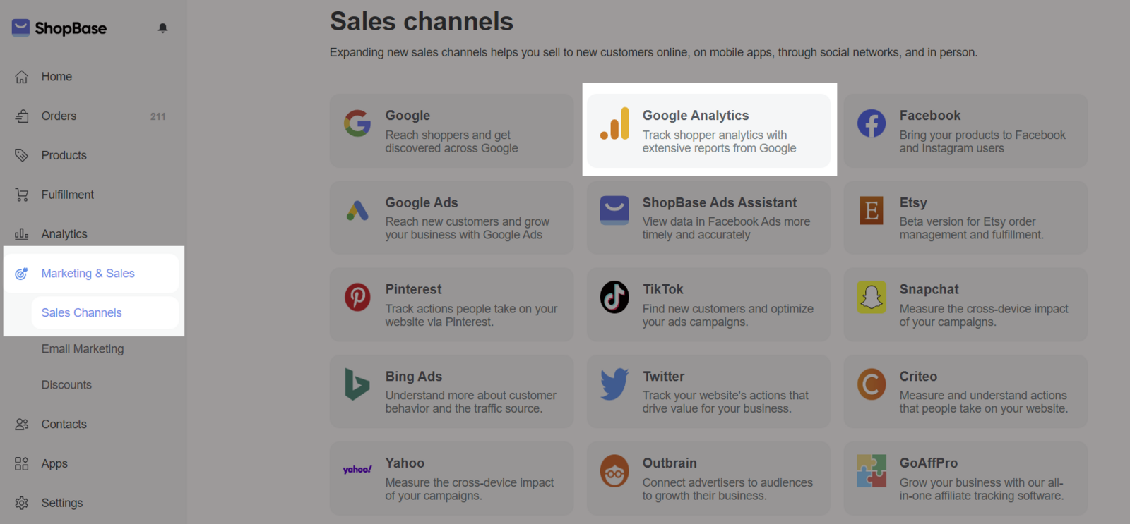 Go to Marketing & Sales > Sales Channels > Google Analytics