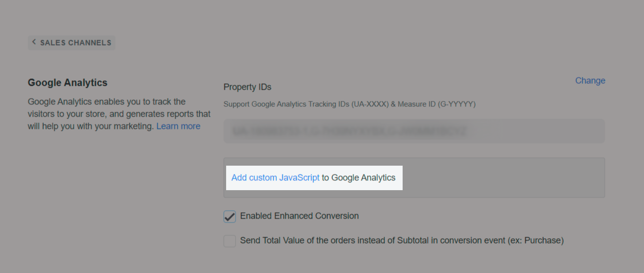 Click **Add custom JavaScript** then paste the container ID