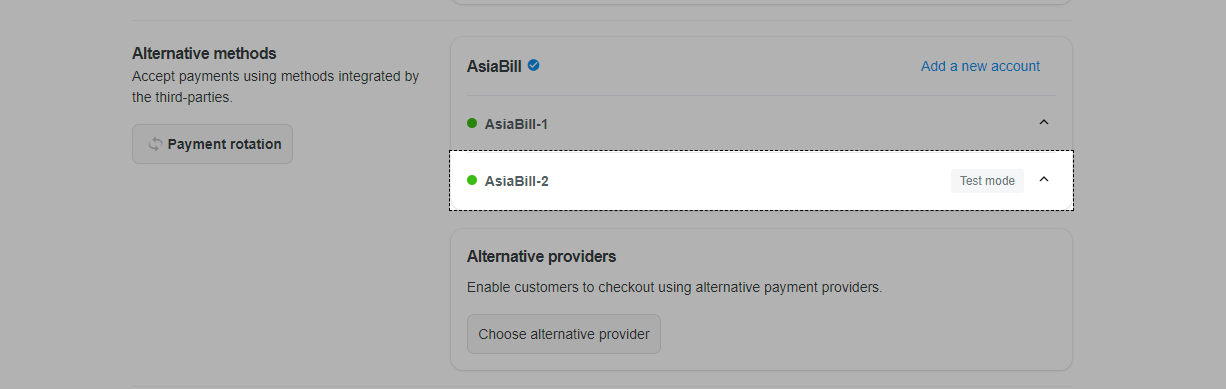 Account with Test mode enabled will be displayed like this in your admin site.