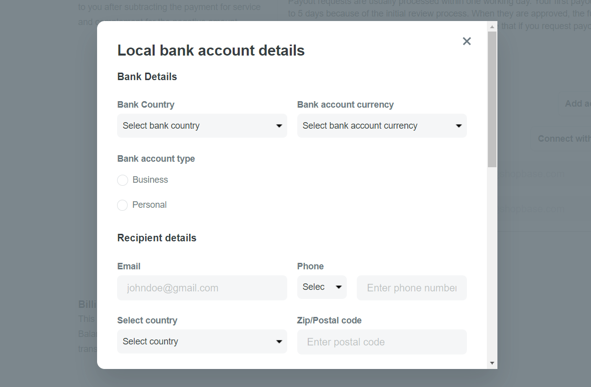 In the pop-up, enter your local bank account details