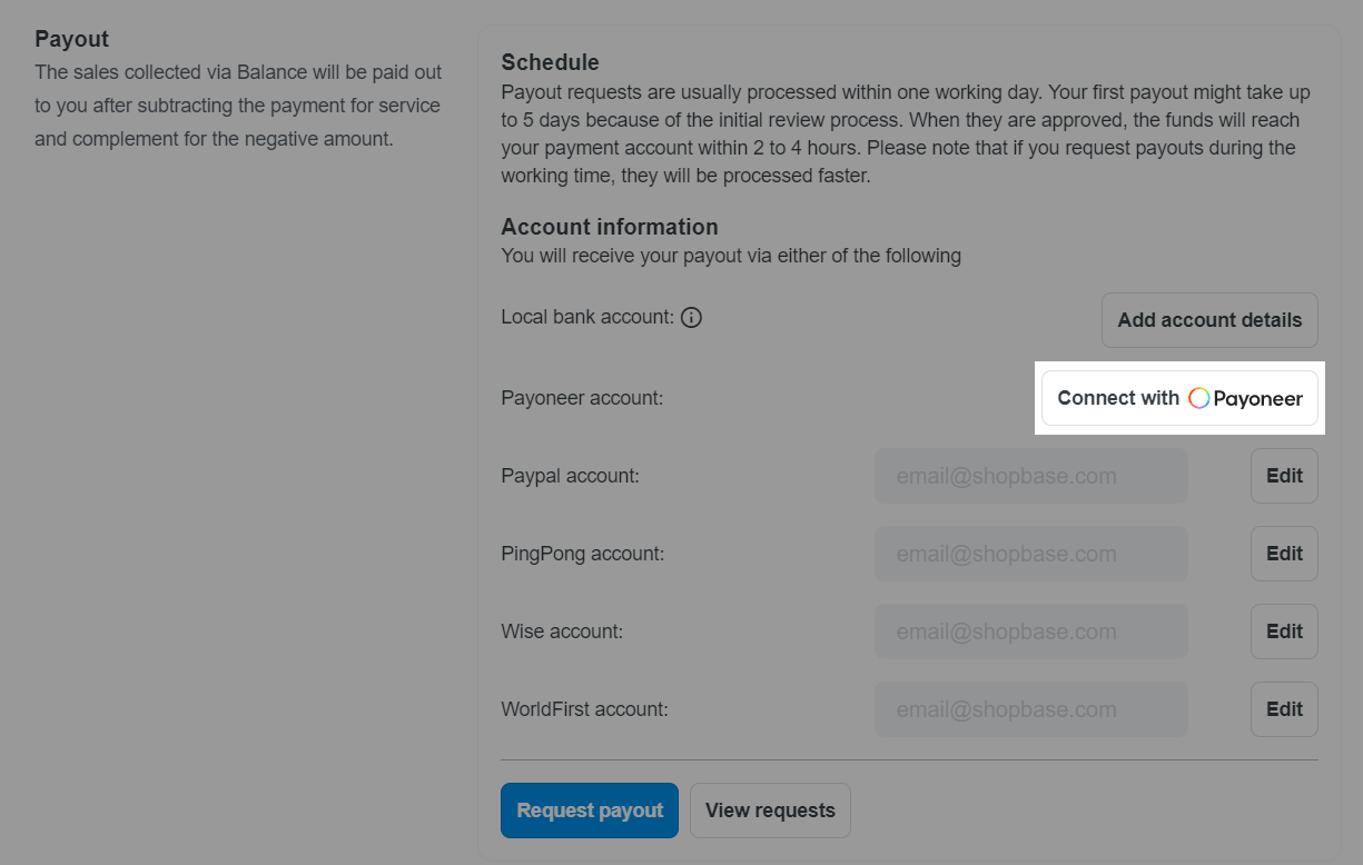 Click 'Connect with Payoneer' to connect a Payoneer account