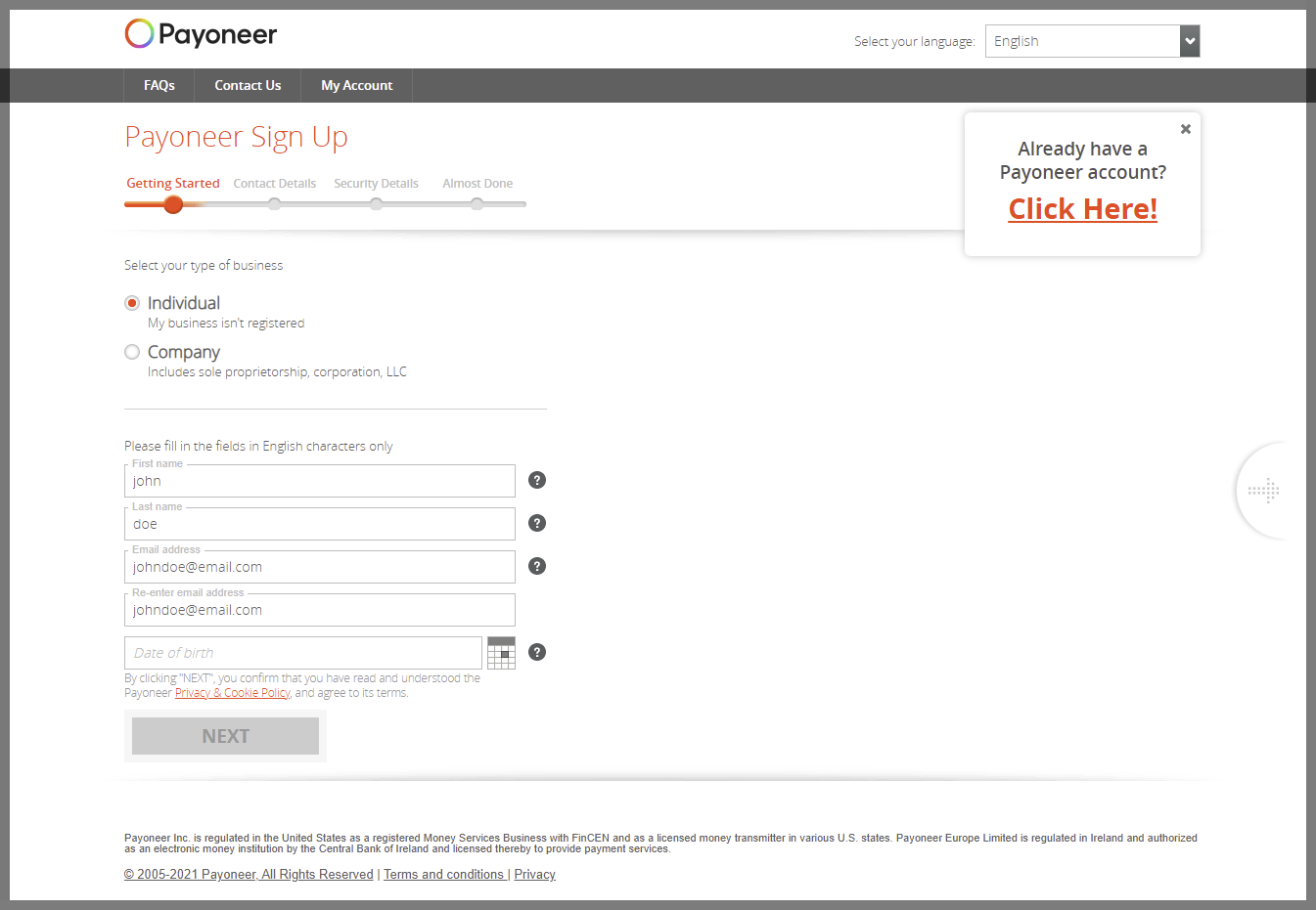 In the new window, sign up a new Payoneer account