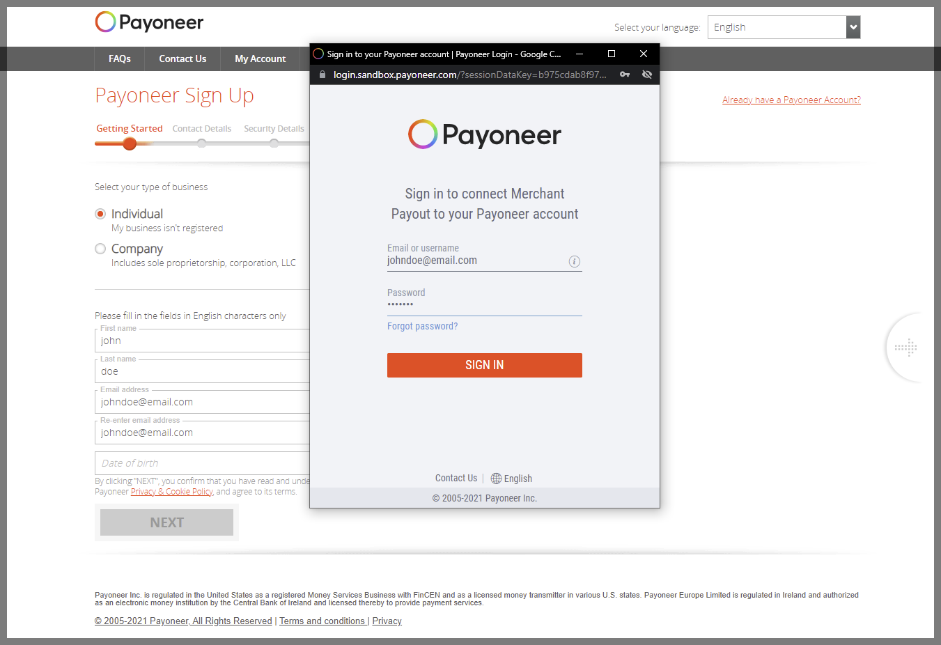 Or sign in to an existing Payoneer account