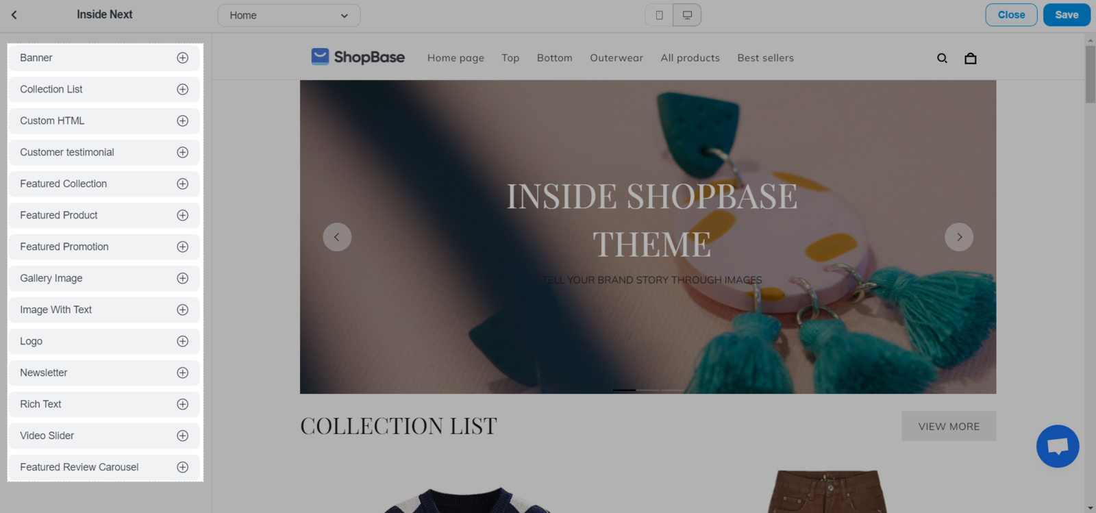 Available sections for home page