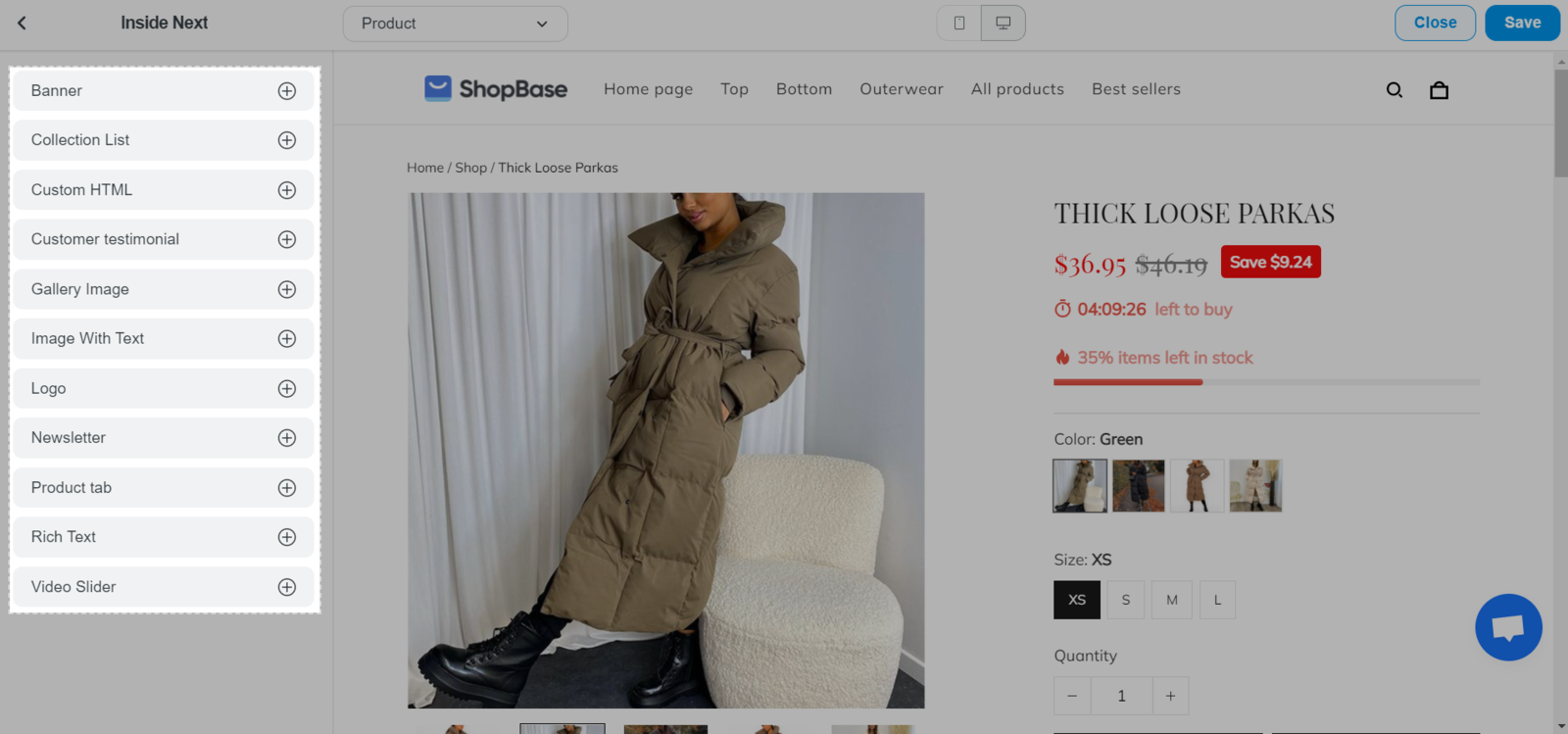 Available sections for product page