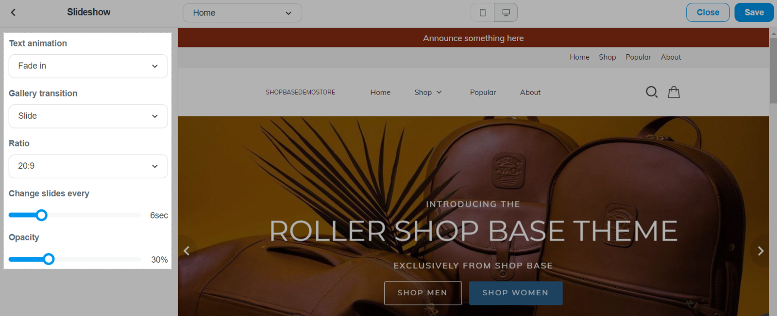 Slideshow section in Roller theme