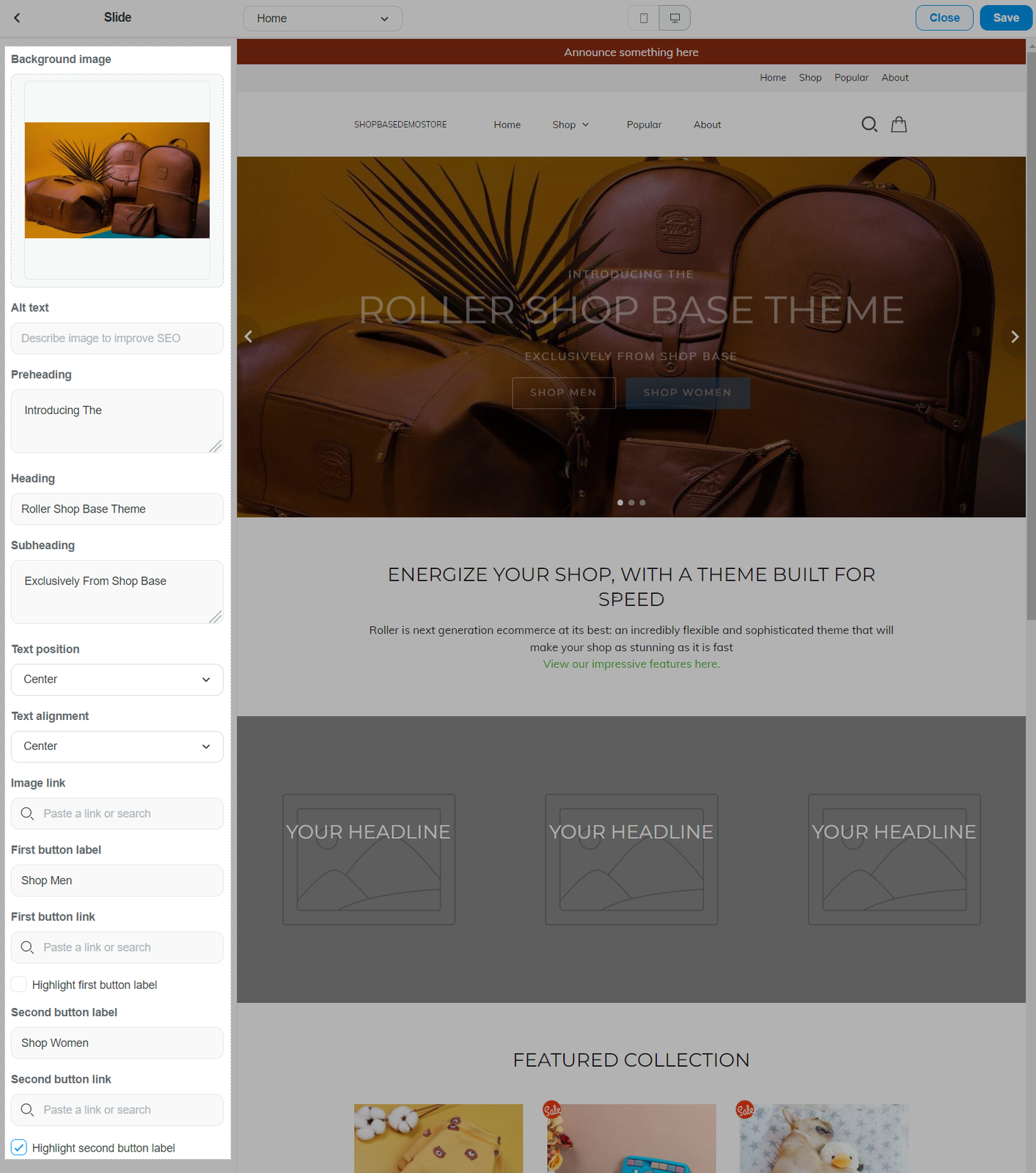 Slide block in Roller theme