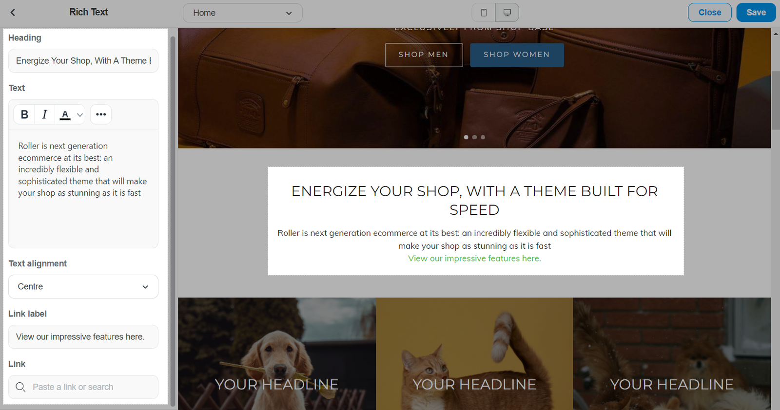 Rich Text section in Roller theme