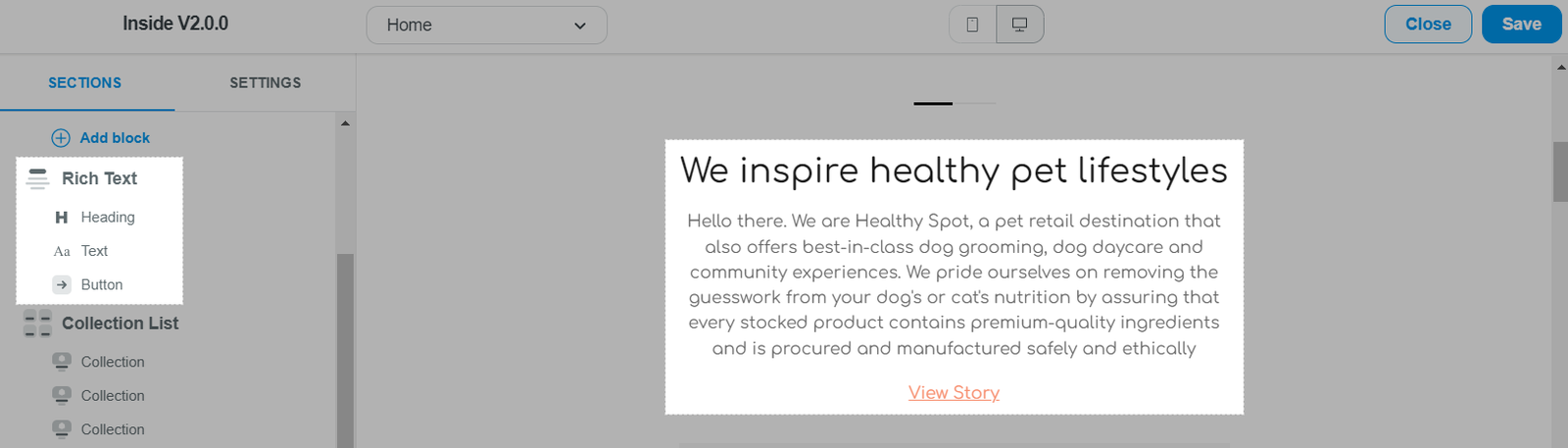 Rich Text section in Inside theme