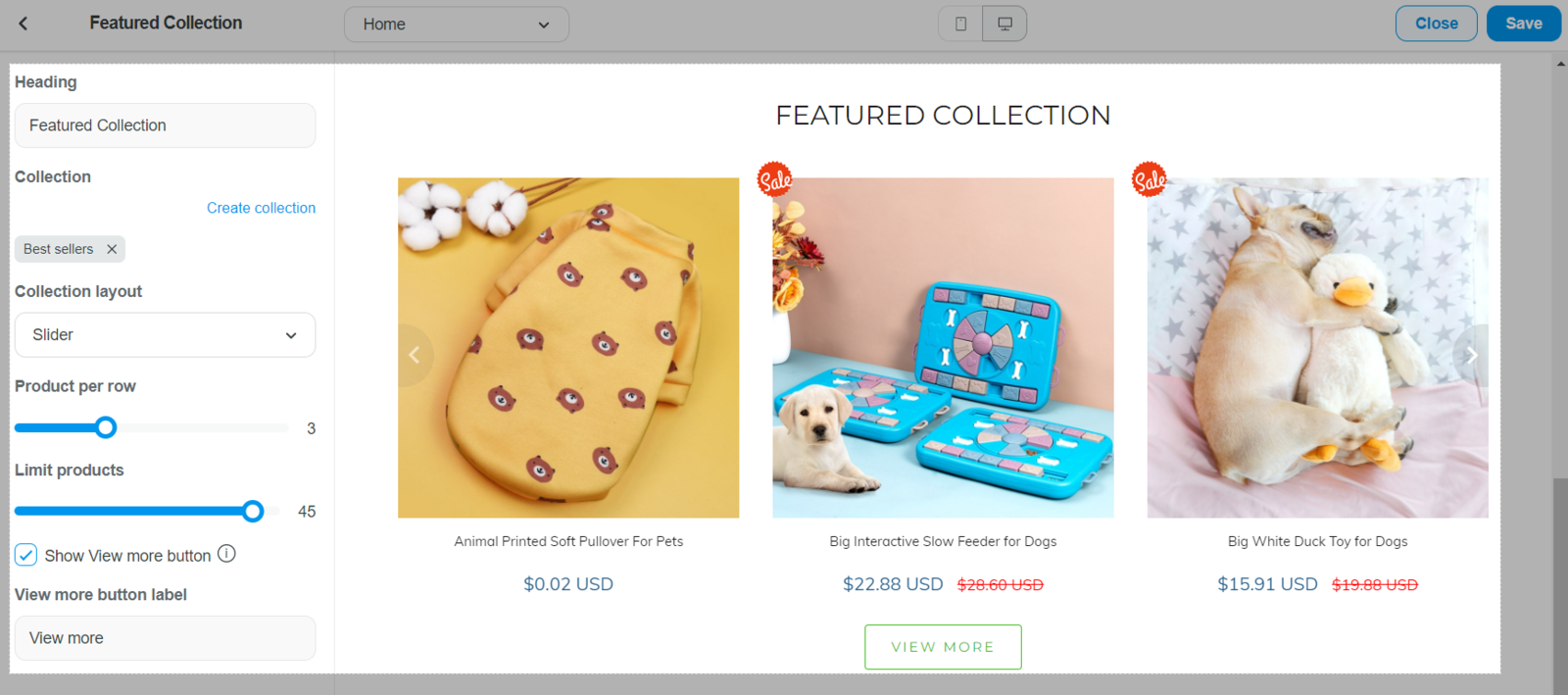 Featured collection section in Roller theme