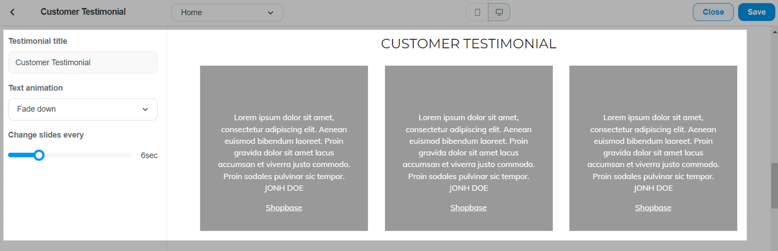 Customer testimonial section in Roller theme