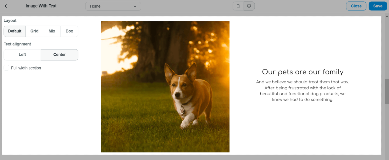 Image with Text section in Inside theme