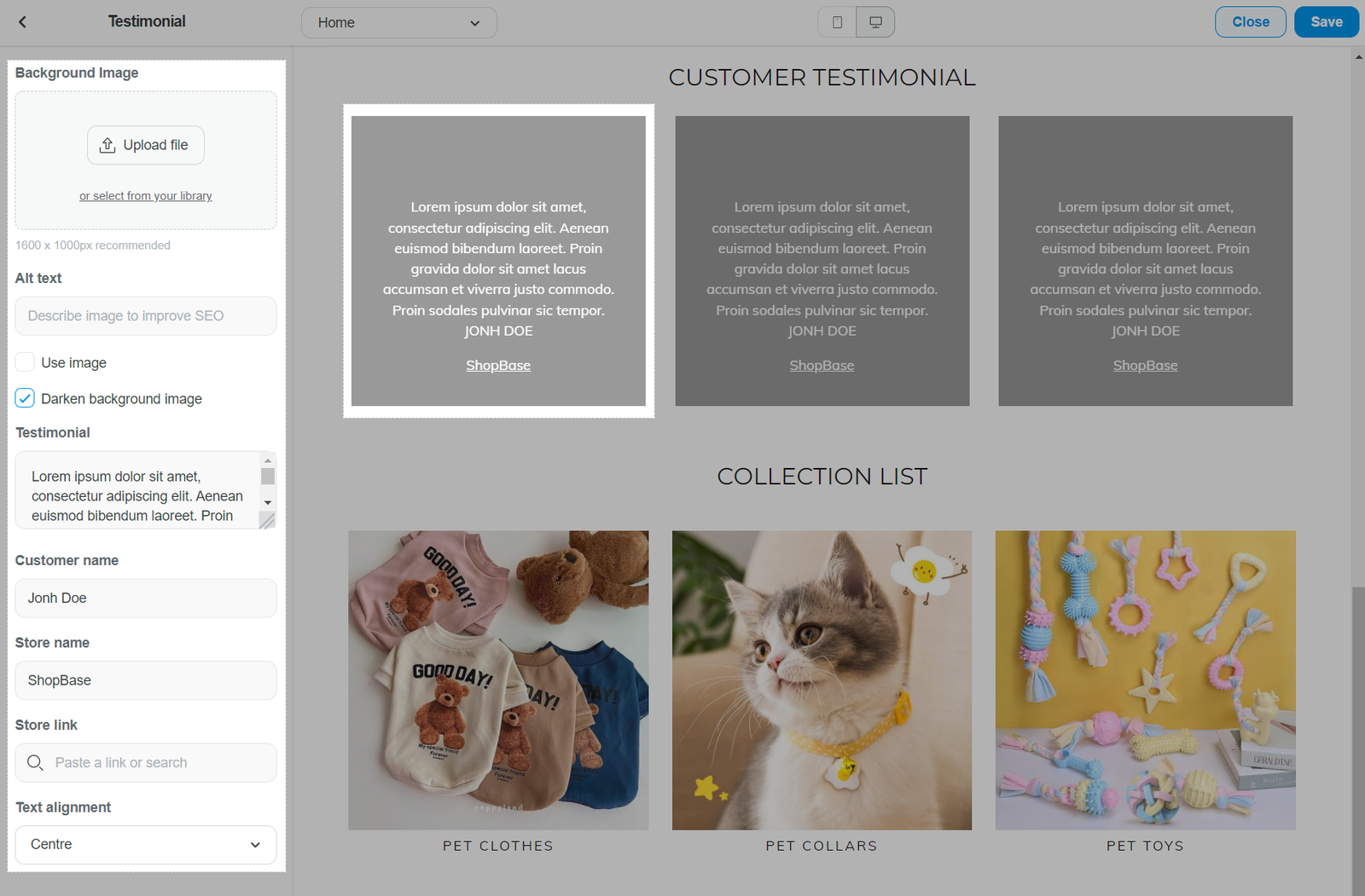 Testimonial block in Roller theme