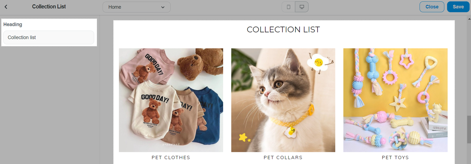Collection list section in Roller theme