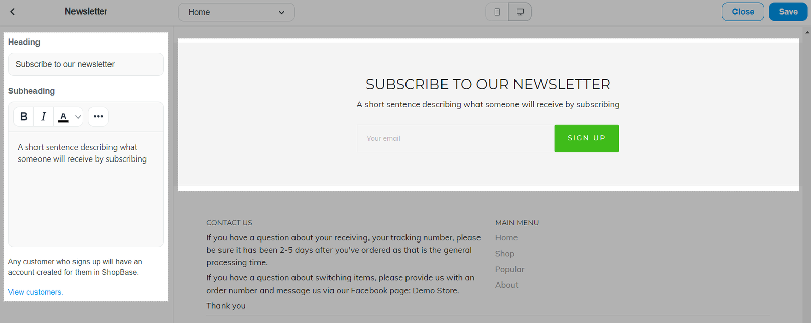 Newsletter section in Roller theme