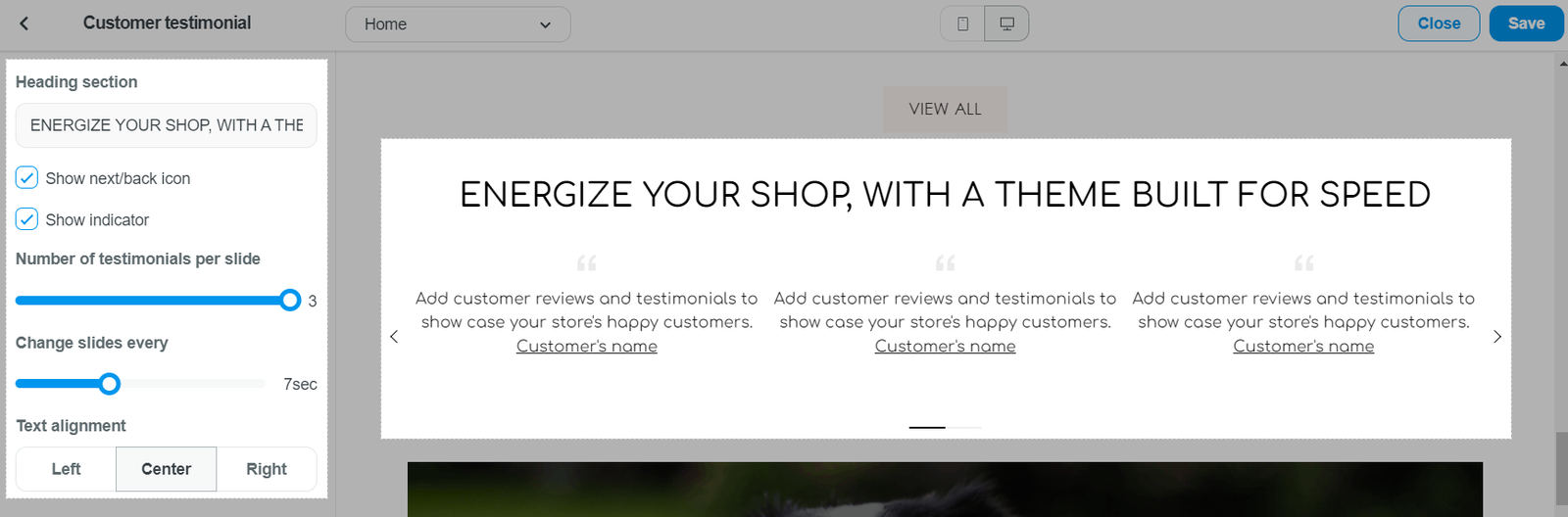 Customer testimonial section in Inside theme