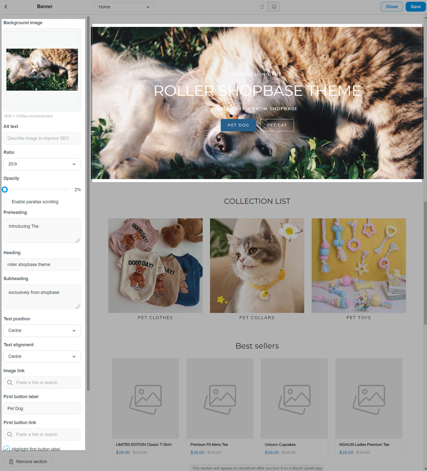 Banner section in Roller theme