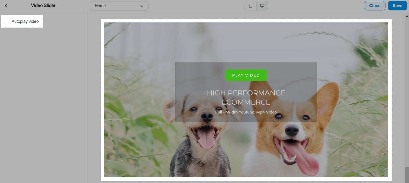 Video slider section in Roller theme