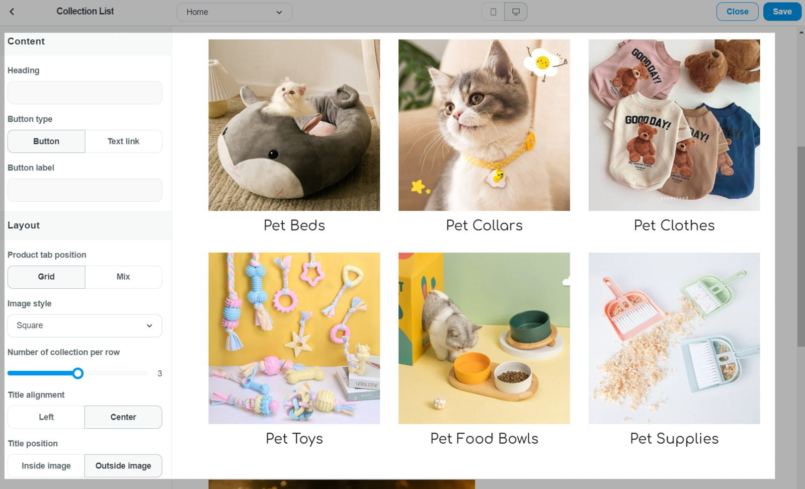 Collection list section in Inside theme