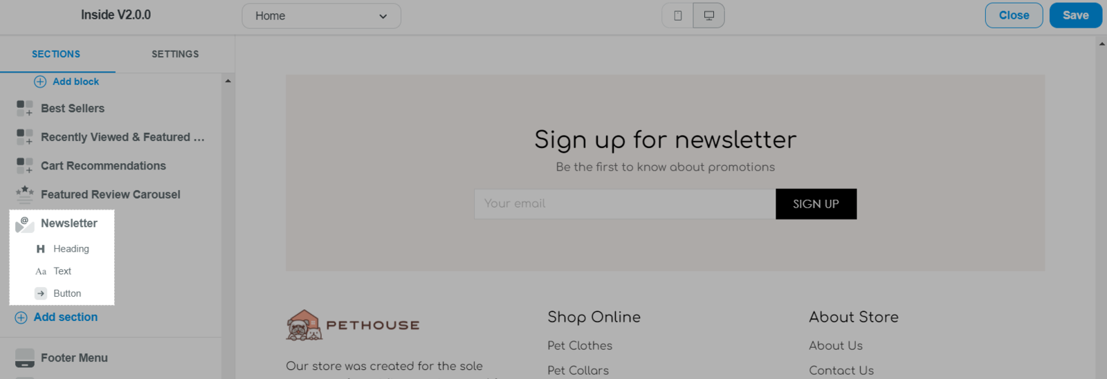 Heading, Text, and Button blocks within the Newsletter section in Inside theme