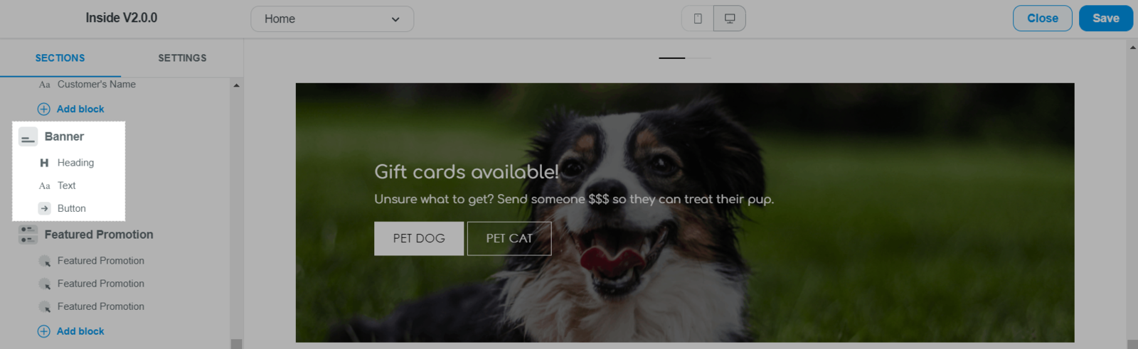 Heading, Text, and Button blocks within the Banner section in Inside theme