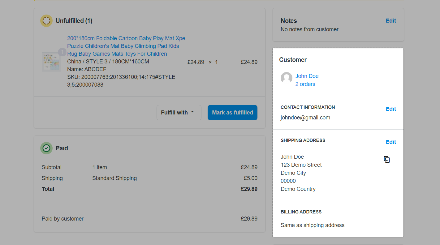 Upload a screenshot of customer information in your order