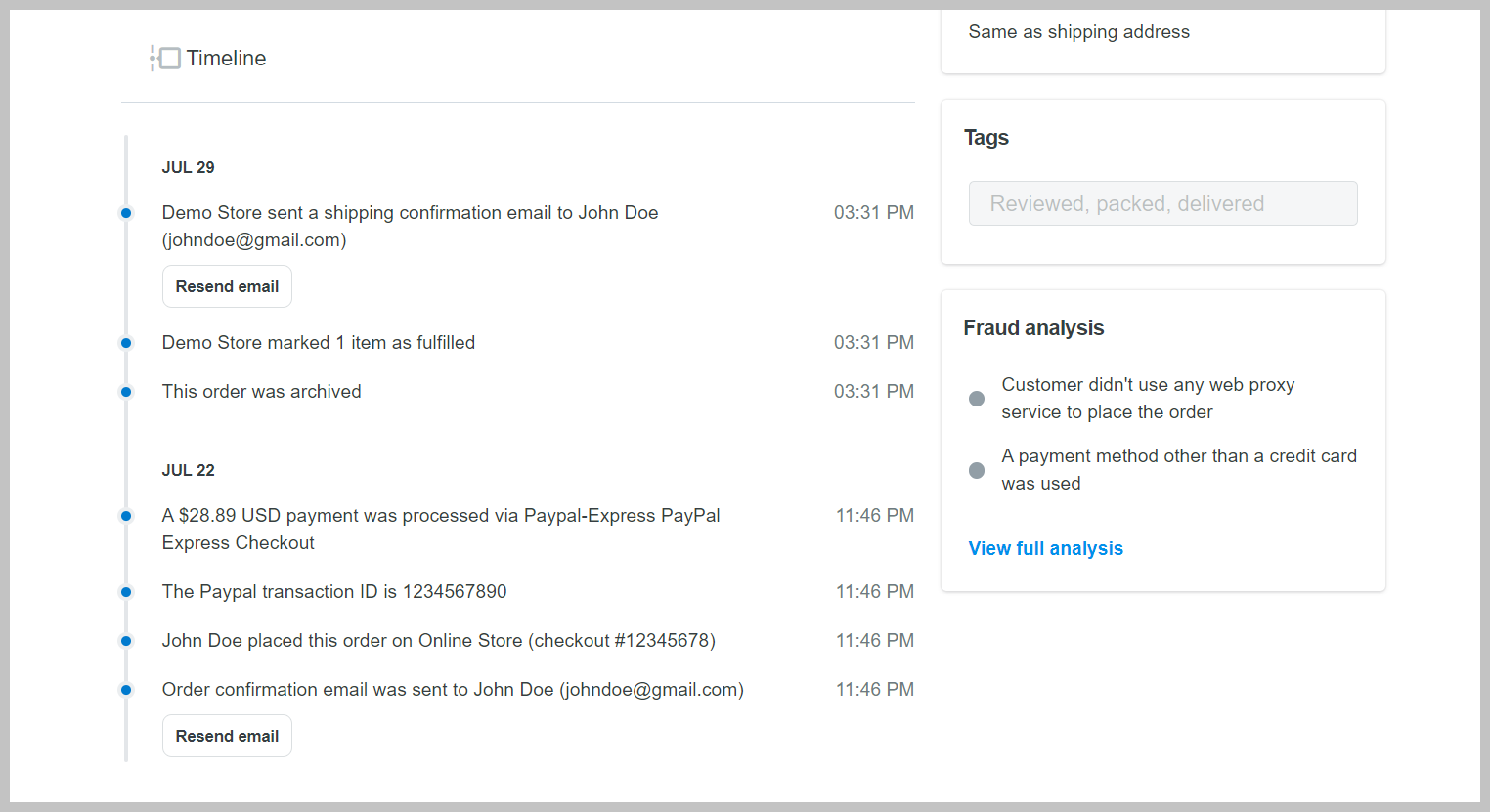 Order timeline in order detail page