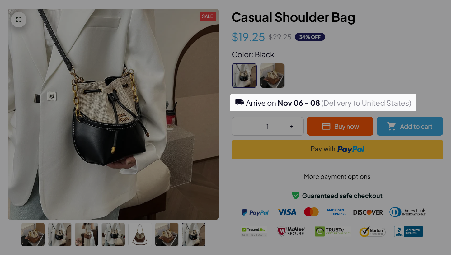 The estimated delivery date displayed on product page