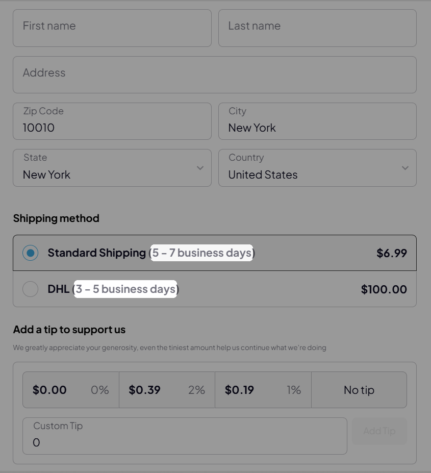 The estimated delivery date displayed beside shipping method in the checkout page