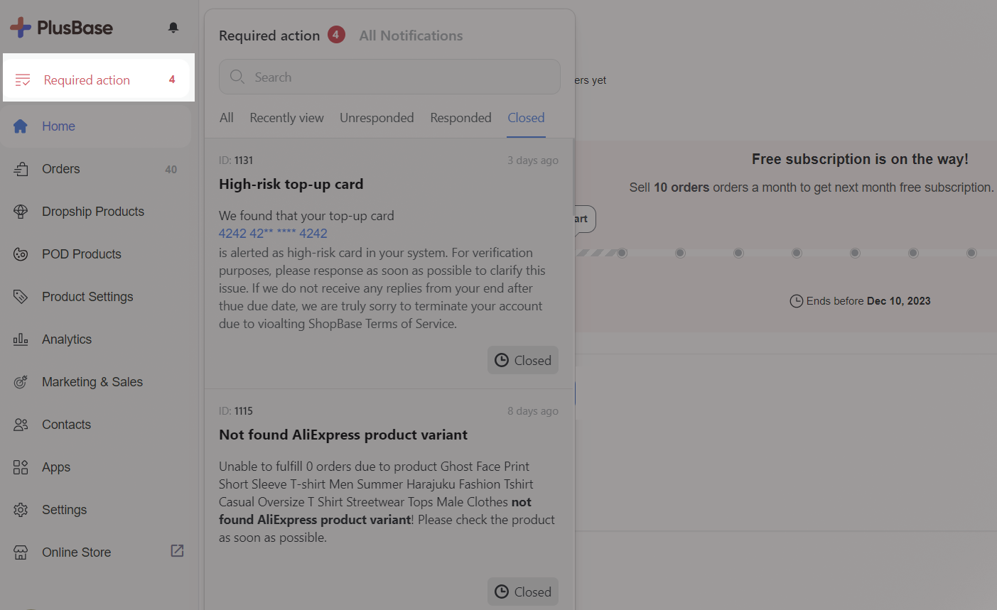 The Required action section will be hidden once all required action is resolved