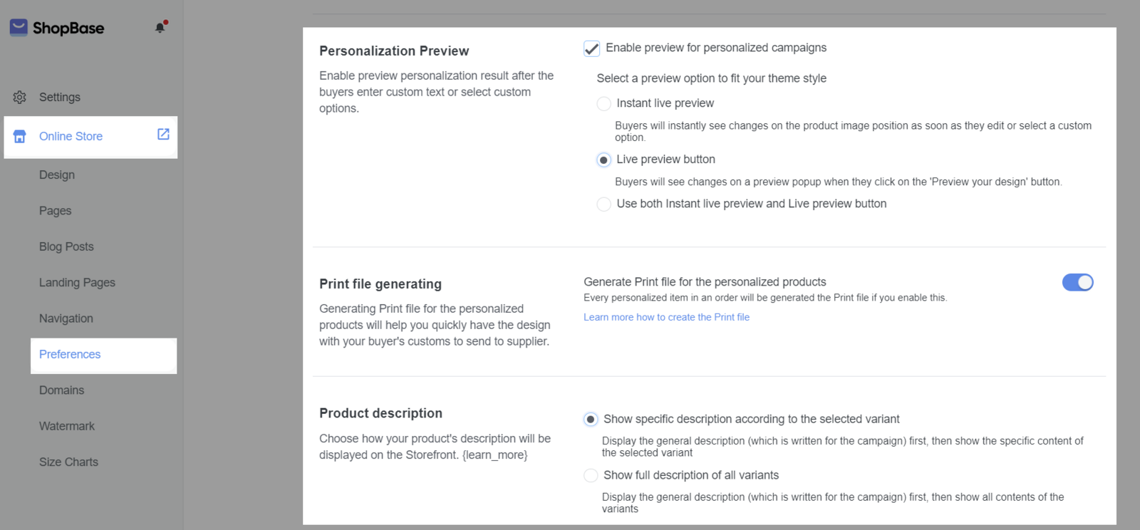 Personalization preview, Product Description, Print-file generating in Theme Editor
