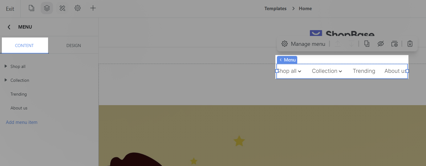 Click on Menu block > Content tab