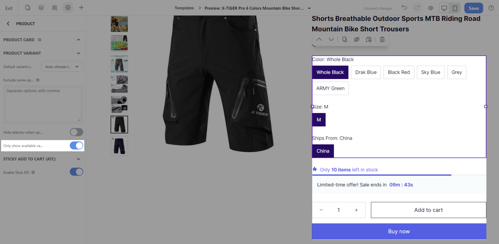 Only show available variant combination is on: Only available variant combination is ready to checkout