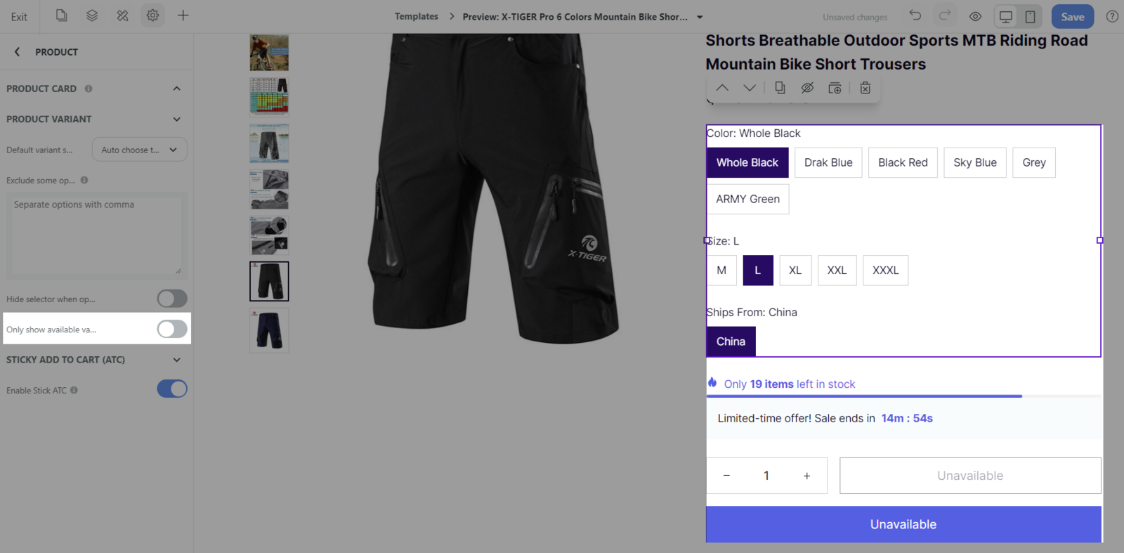 Only show available variant combination is off: The unavailable variant combination cannot be checkout and marked Unavailable