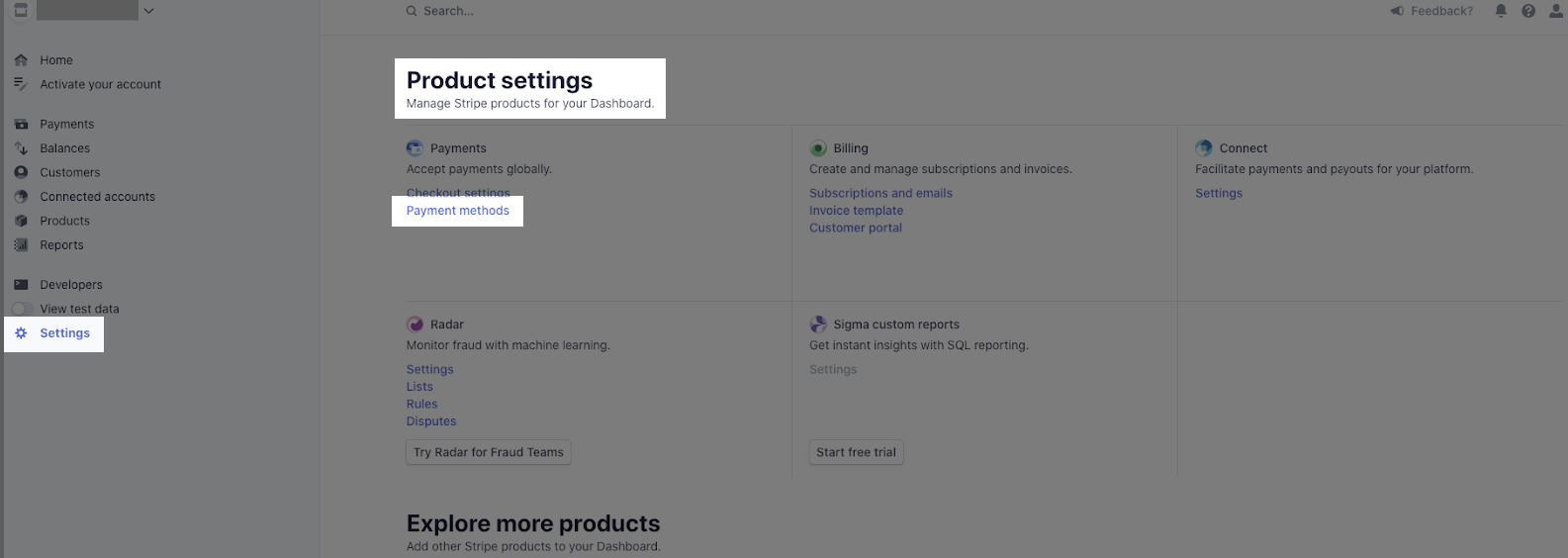 Find Payment Methods in Settings