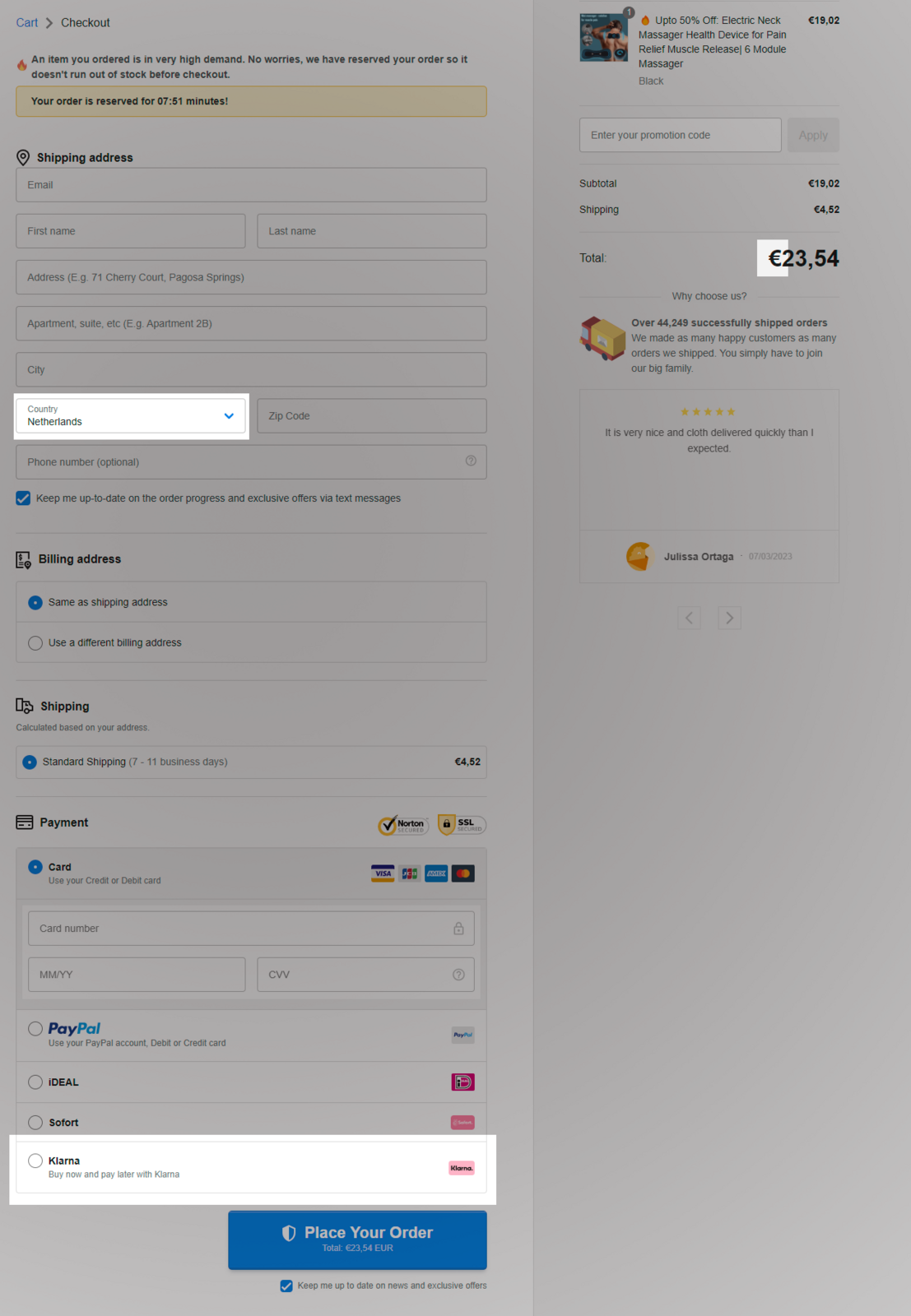 Once the region and shipping address is Netherlands, the currency is changed into Euro and Klarna is activated