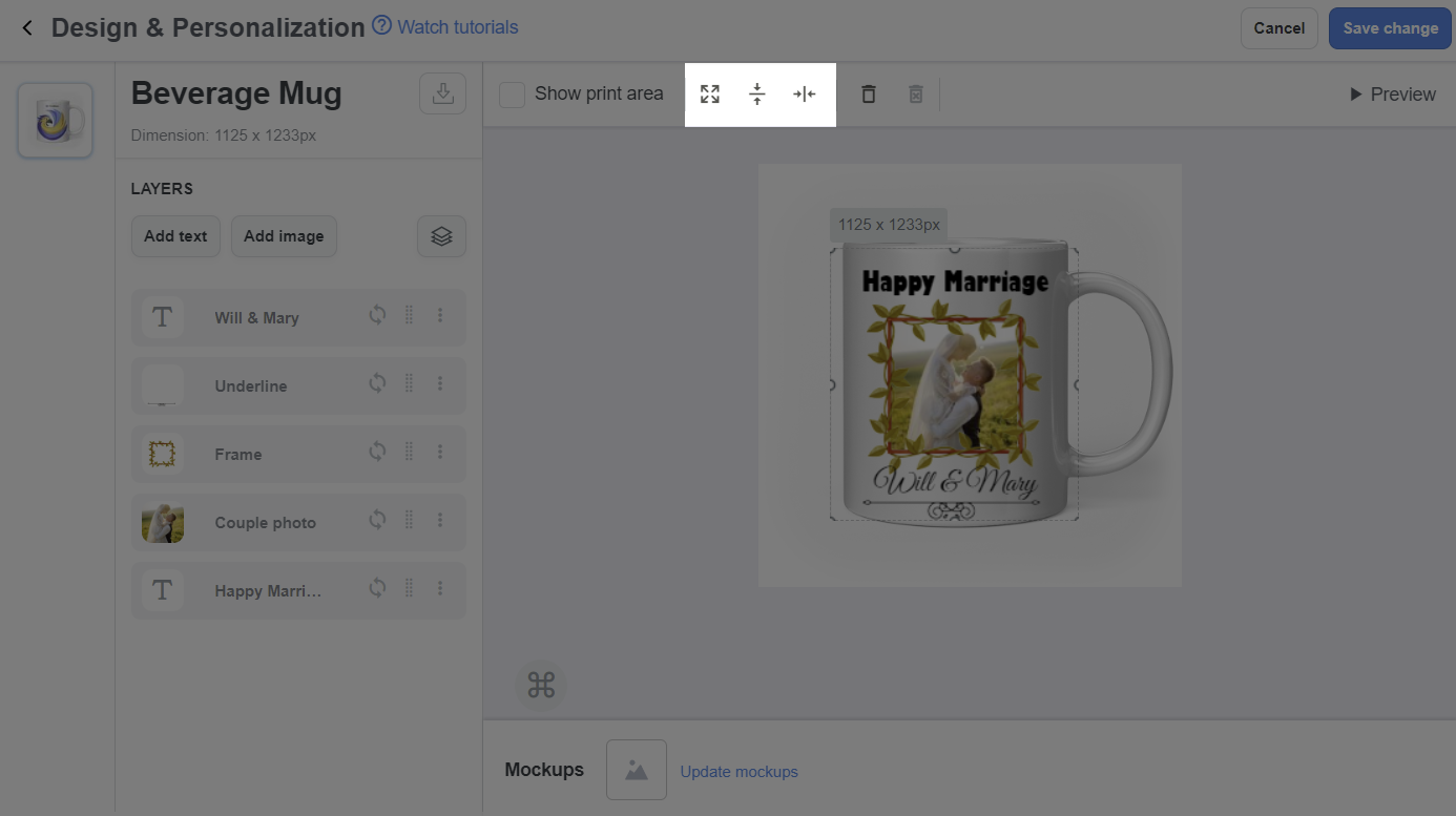 Scale to fit, Center vertically, and Center horizontally buttons