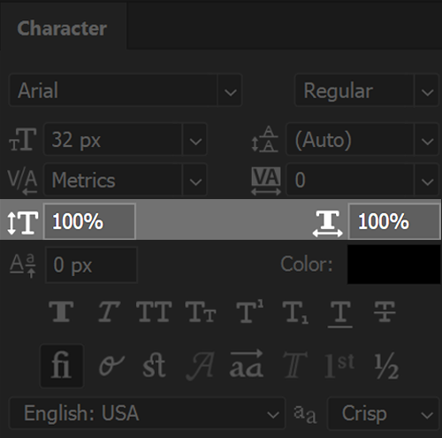 Horizontal and Vertical Scale on Texts should be set to 100%