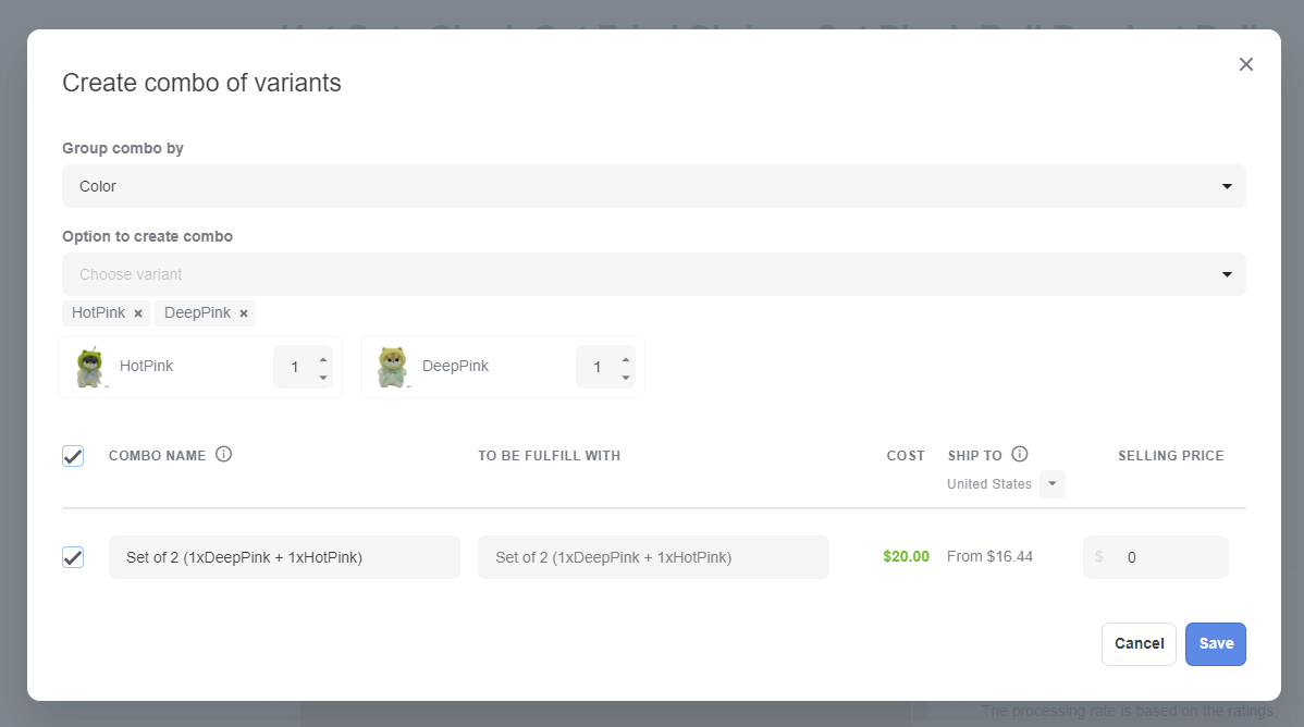 Product combo with different variants