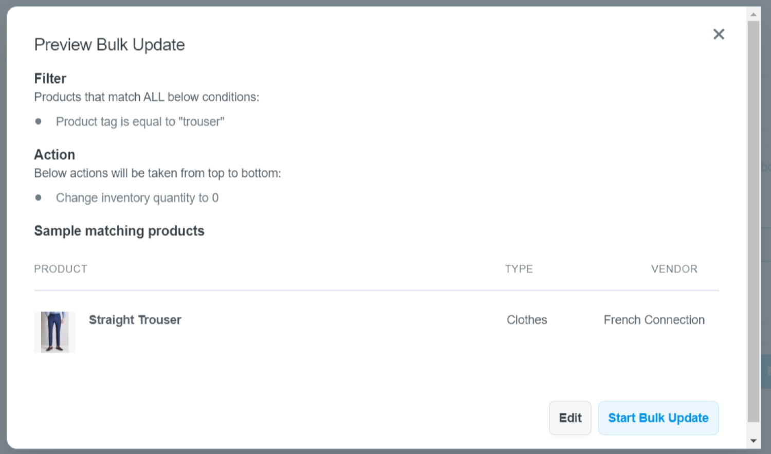 ...here comes the Preview, just double-check it and press Start Bulk Update to disable Add to Cart button