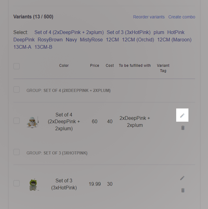 Click "Edit" next to your combo in the Variant list