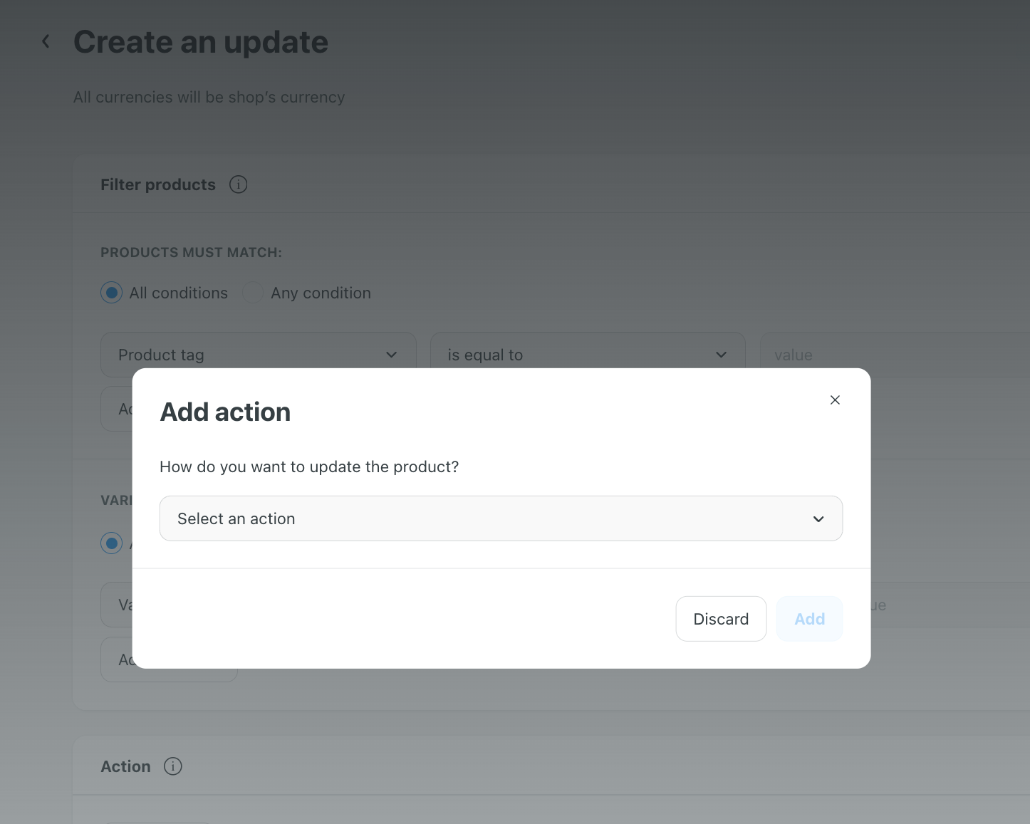 Click on the drop-down menu to choose the bulk update action you want