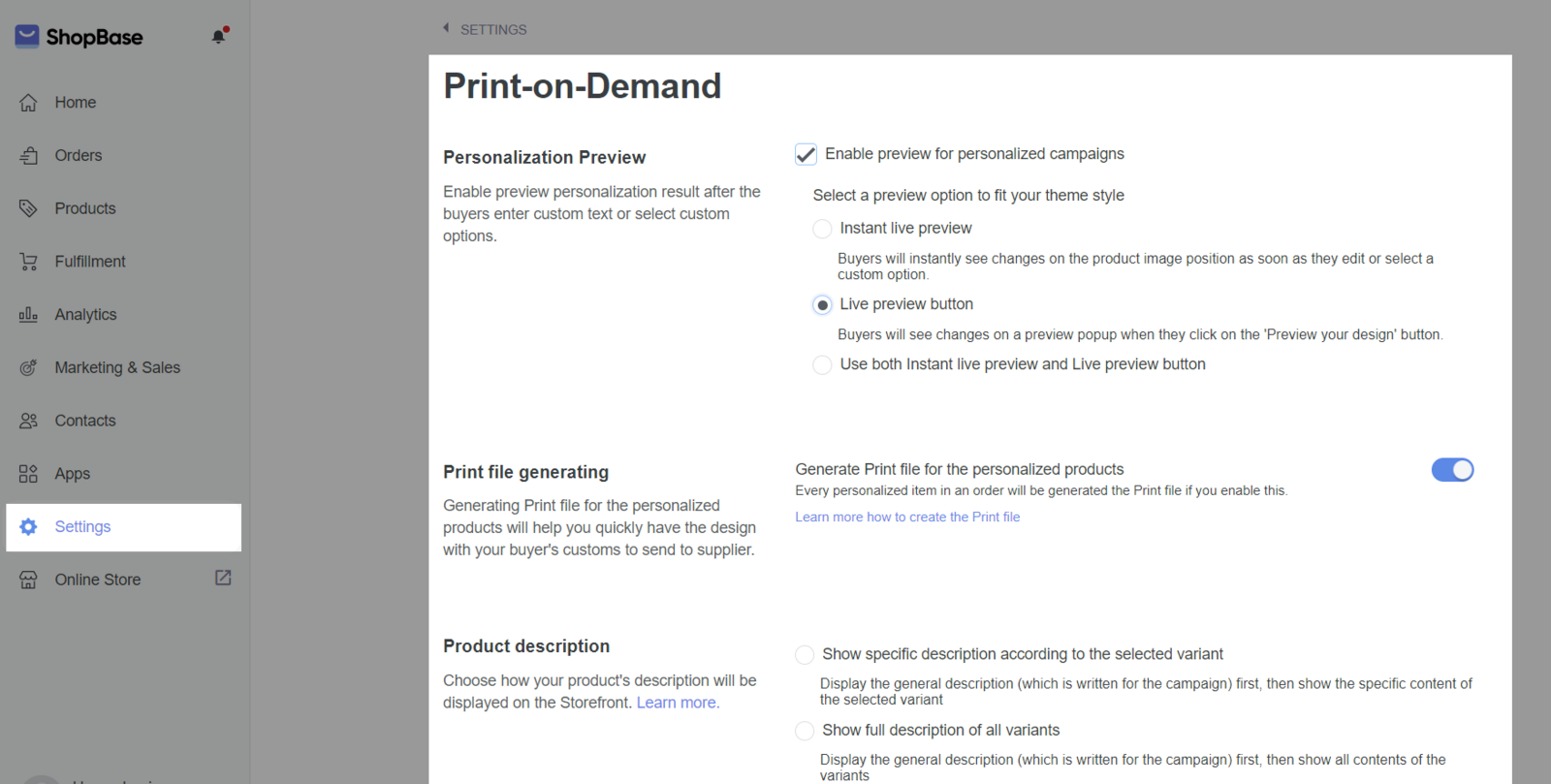 Personalization preview, Product Description, Print-file generating trong Website Builder