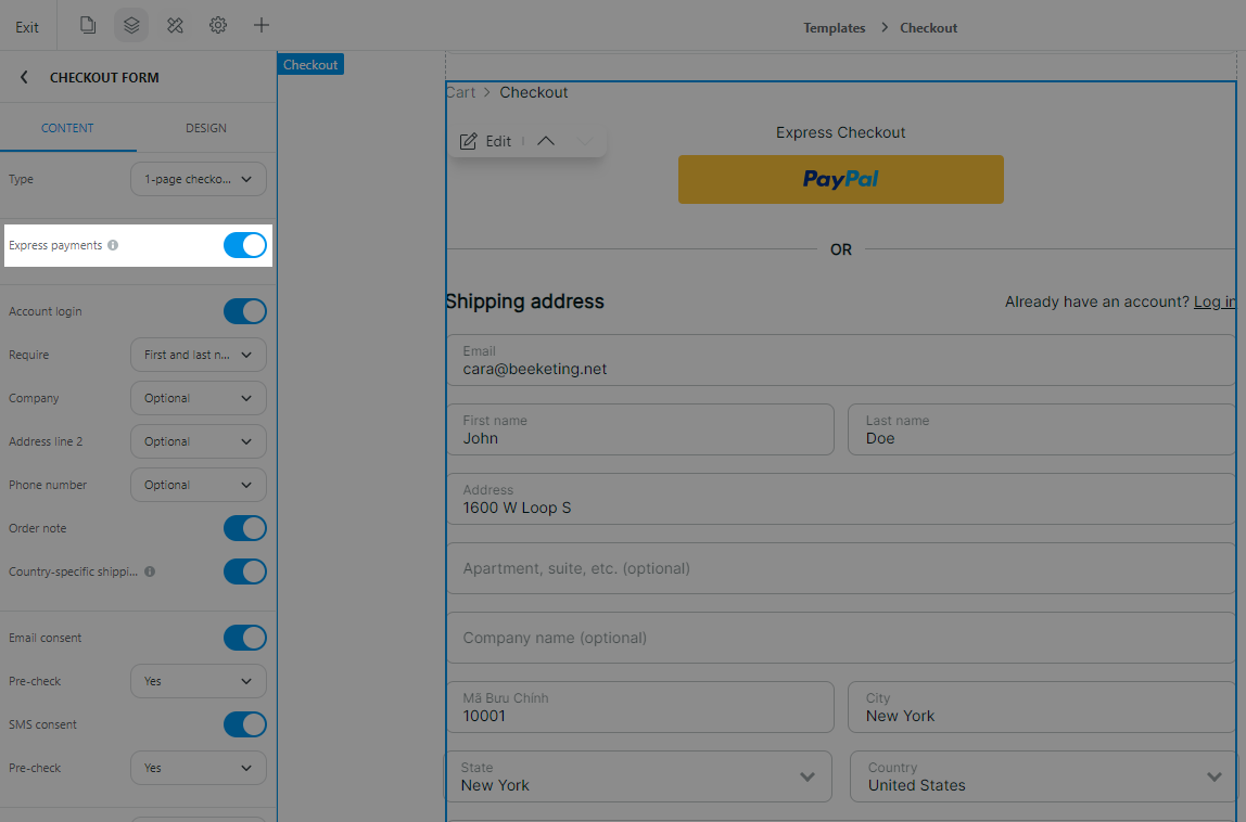 Nút Express Payments tại trang thanh toán