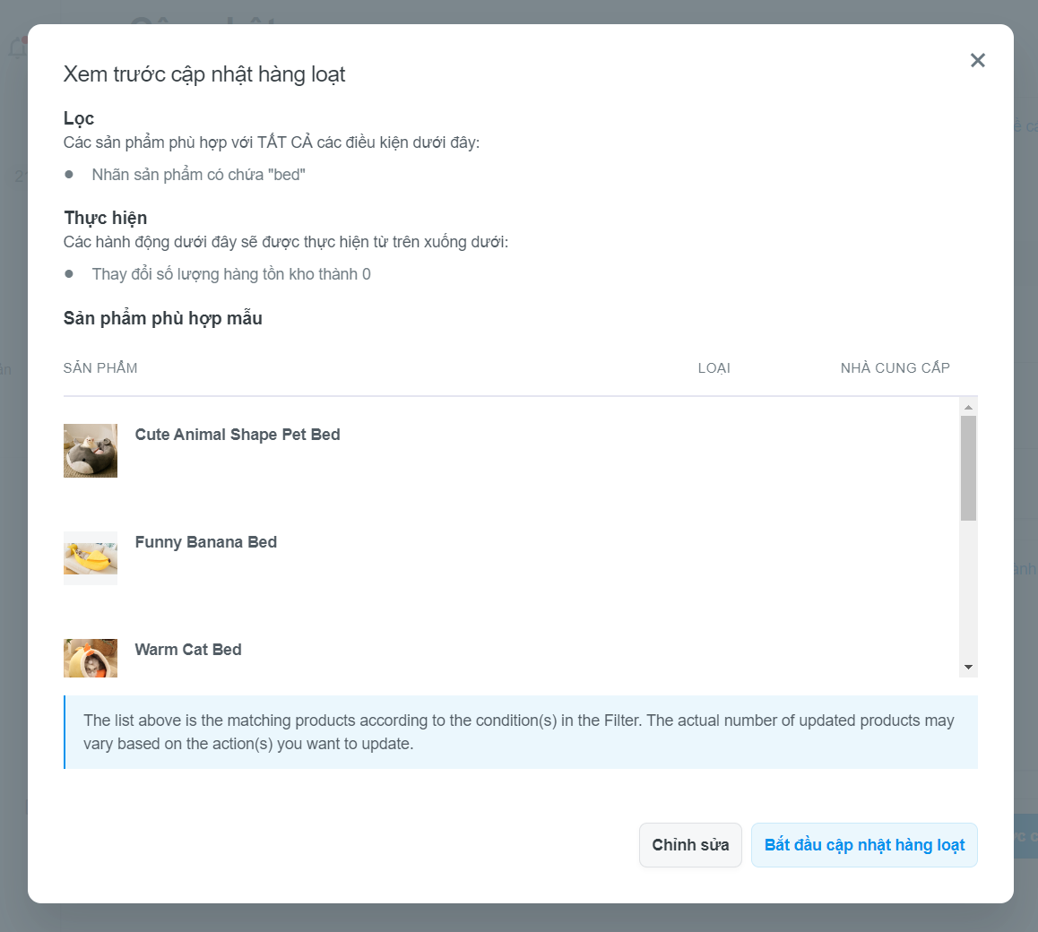 ...cửa sổ Preview Bulk Update hiển thị để bạn có thể kiểm tra trước khi chọn Start Bulk Update để vô hiệu hóa nút Add to Cart
