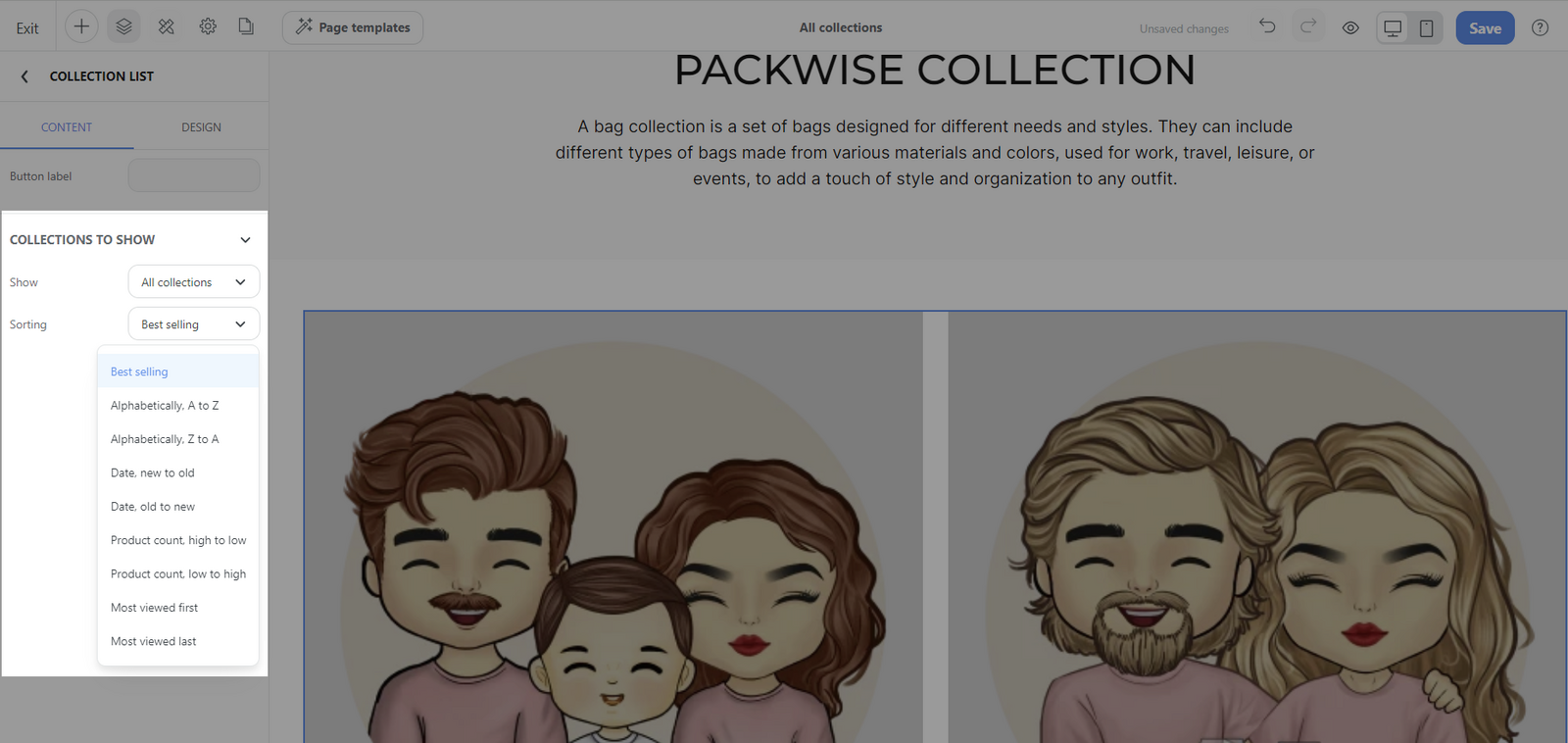 Show: All collections > Sorting: chọn tùy chọn sắp xếp các bộ sưu tập