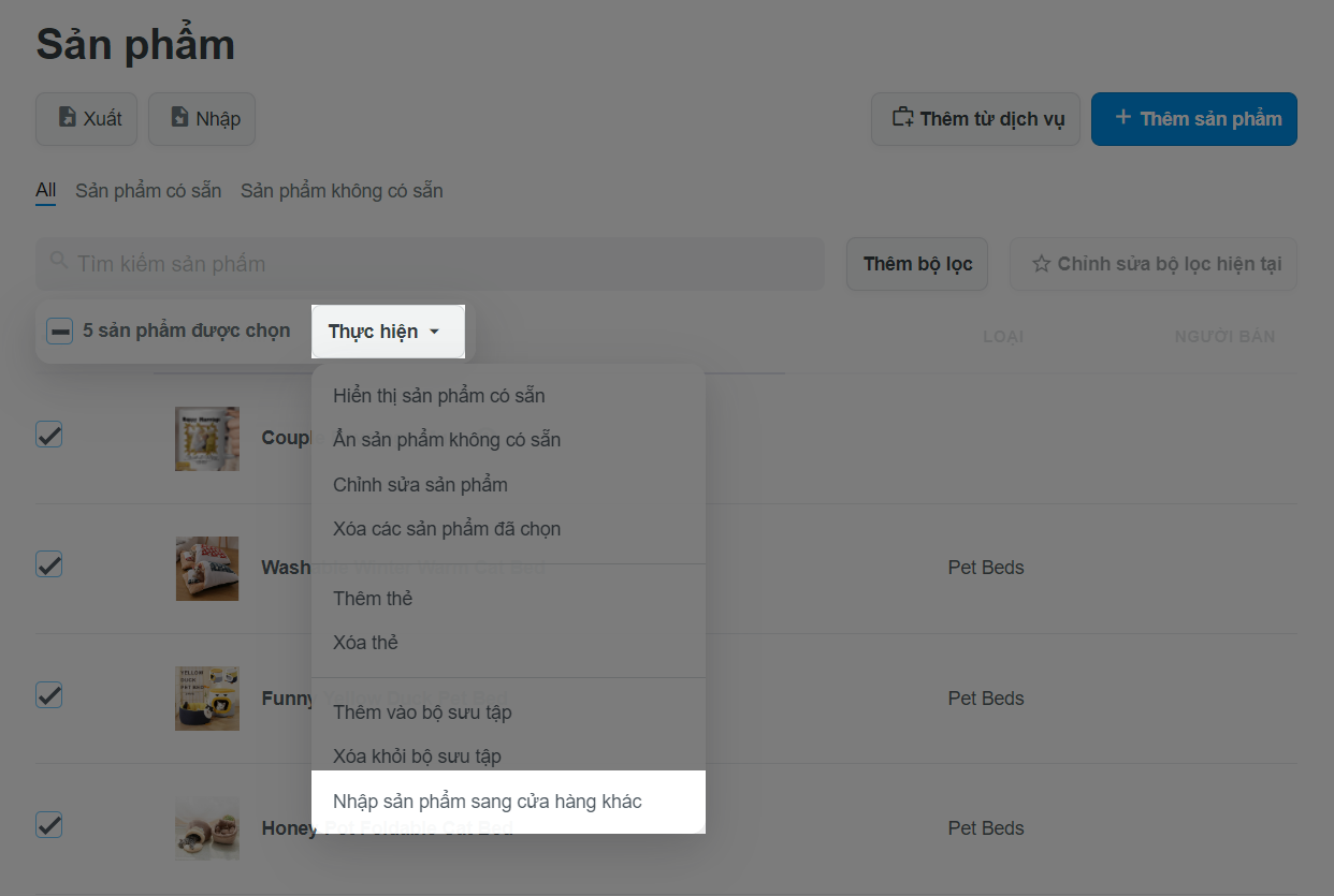 Chọn "Nhập sản phẩm sang cửa hàng khác (Import product/campaign to another store)"