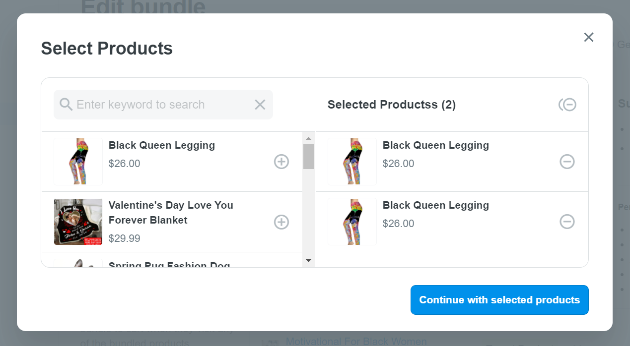 Chọn sản phẩm từ cửa sổ bật lên rồi nhấp vào "Continue with selected products"