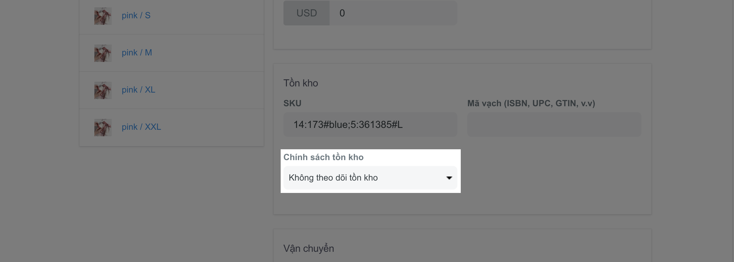 Tùy chọn 'Không theo dõi tồn kho (Don't track inventory)' được hiển thị mặc định trên hệ thống ShopBase.