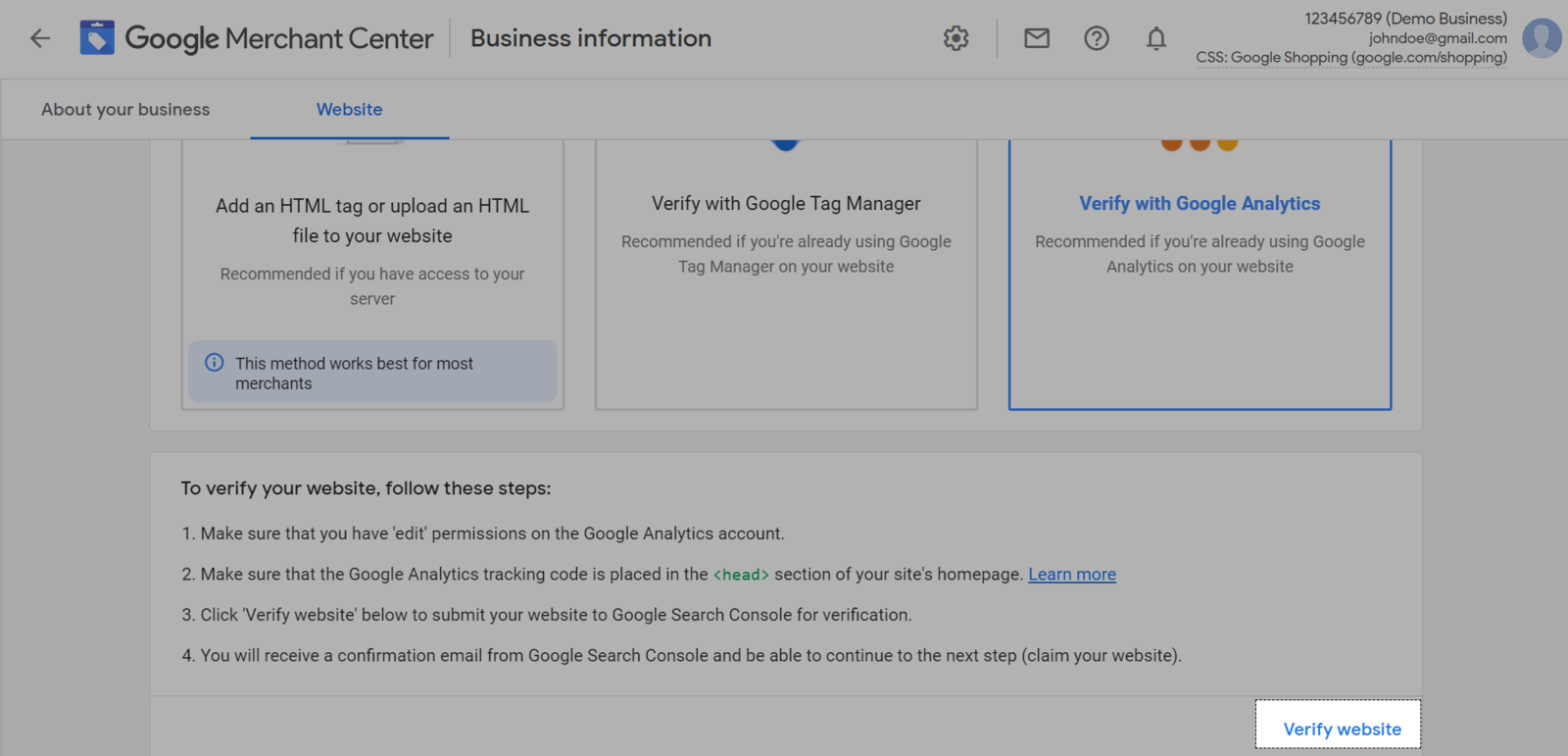 Bấm Verify website để xác nhận